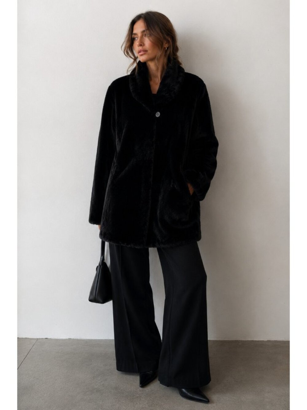 Vintage Black Genuine Mouton Sheepskin Fur Coat Swing A-Line Winter Jacket L/XL